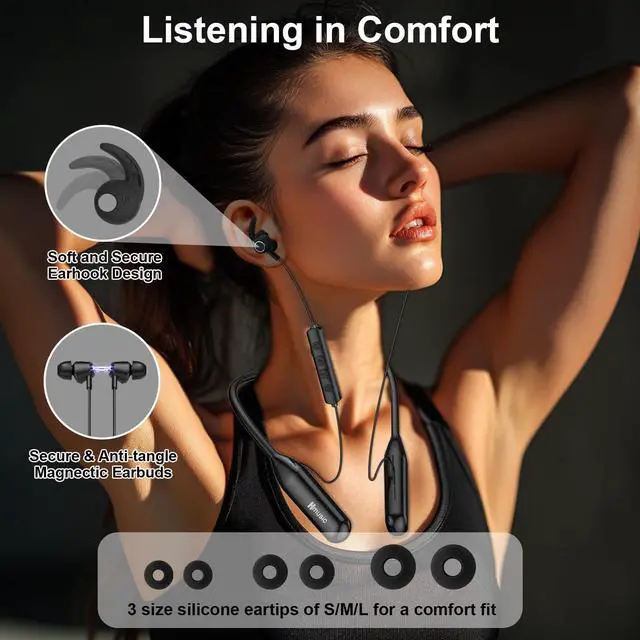 Alt view image 5 of 5 - Hmusic H25 Neckband Bluetooth Headphones 200hrs Long Battery Life, Wireless Earbuds Bluetooth 5.4, IPX5 Waterproof, Around The Neck Headphones w/ENC Mic, for Work/Cycling/Game/Gym/Long Trips
