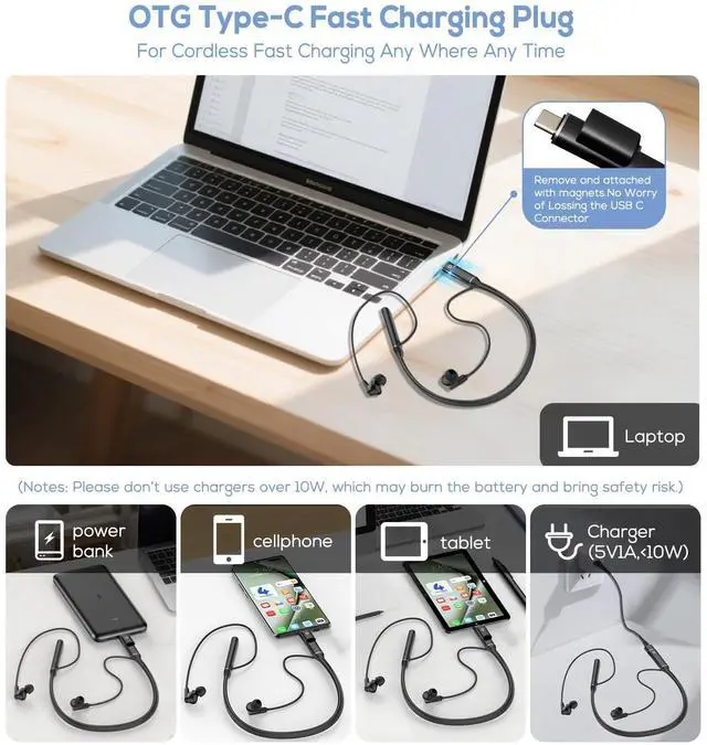 Alt view image 3 of 5 - Hmusic A3 OTG Neckband Headphones Wireless Bluetooth 5.4, 35H Playtime, 12mm Driver, 3 EQ Modes, Dual USB-C Charging, Magnetic Earbuds, Around The Neck Earphones w/Mic for Travel,Work,Jogging,Running