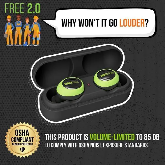Alt view image 2 of 5 - ISOtunes Free 2.0 OSHA Approved Earbuds: Wireless Bluetooth Hearing Protection Earbuds for Work, 25 dB Noise Reduction, 21-Hour Battery Life, Noise-Cancelling Mic (Free 2.0 - Safety Green)