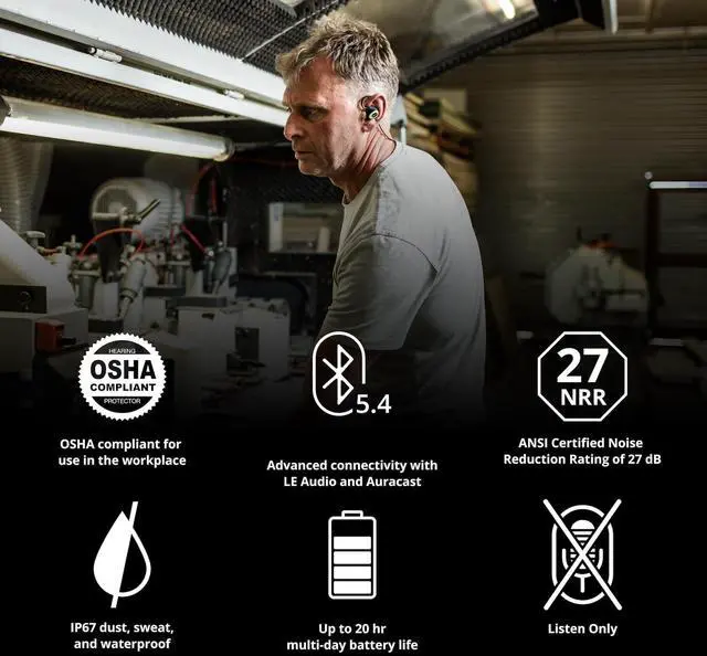 Alt view image 4 of 5 - ISOtunes PRO 3.0 Industrial Listen Only Earbuds: Bluetooth 5.4 Earplug Headphones with 27dB Noise Reduction Rating, 20 Hour Battery, 82 dB Volume Limit, OSHA Compliant Hearing Protection