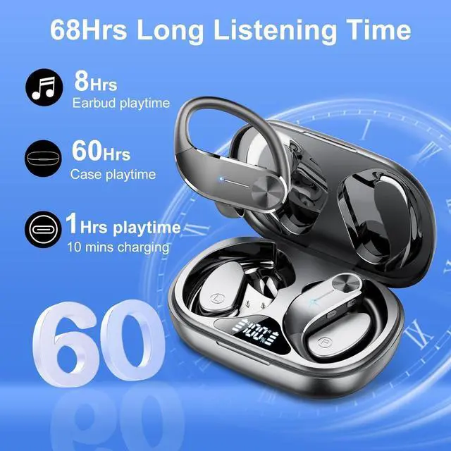 Alt view image 2 of 5 - Ear buds Wireless Bluetooth Earbuds 2025 NEW Bluetooth 5.3 Sport Headphones 68Hrs Playtime with LED Display Powerful Bass Over Ear Earphones with Earhooks IP7 Waterproof USB C for Gym/Running