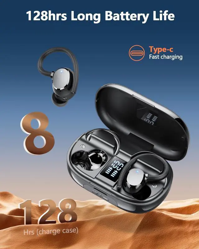 Alt view image 2 of 5 - Wireless Earbuds, 128Hrs Bluetooth 5.3 Headphones Sport, Bluetooth Earbuds with ENC Noise Canceling Mic, Bass Stereo Wireless Earphones, IP7 Waterproof Over Ear Buds with Earhooks for Fitness/Running