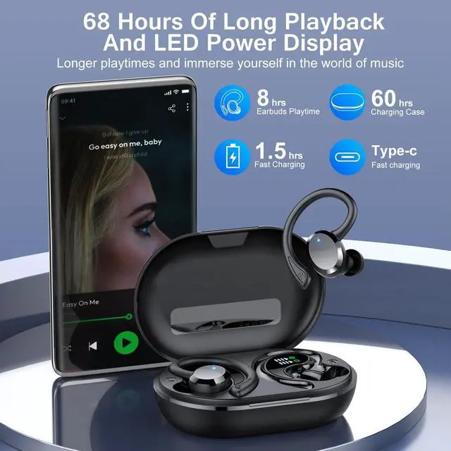 Alt view image 3 of 5 - Wireless Earbuds, 2025 Bluetooth 5.4 Headphones HiFi Stereo, Bluetooth Earbuds with ENC Noise Cancelling Mic, IP7 Waterproof in Ear Earphones, 68H Dual LED Display Ear Buds for Workout Sports