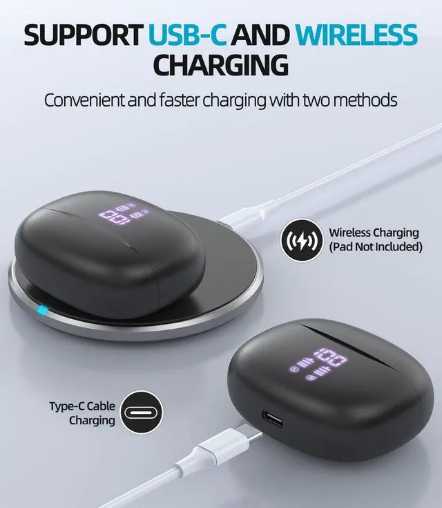 Alt view image 2 of 5 - Wireless Bluetooth Headphones, 40H Playback Bluetooth Earbuds with LED Power Display Charging Case, IPX5 Waterproof Wireless Headphones for Phone Gaming TV Sports (Dual Mic-Black-Upgrade)