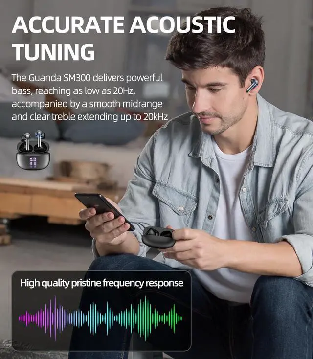 Alt view image 3 of 5 - Wireless Bluetooth Headphones, 40H Playback Bluetooth Earbuds with LED Power Display Charging Case, IPX5 Waterproof Wireless Headphones for Phone Gaming TV Sports (Dual Mic-Black-Upgrade)