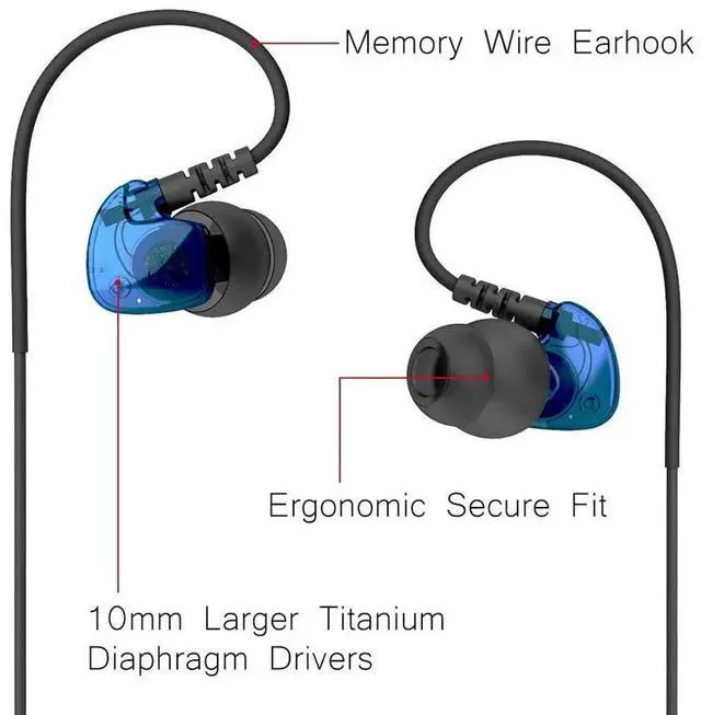 Alt view image 2 of 5 - Granvela GV1 HD Classic Sports Earphones IPX5 Waterproof Running Earbuds Wired with Mic, Memory Wire Earhook and Clip - Blue