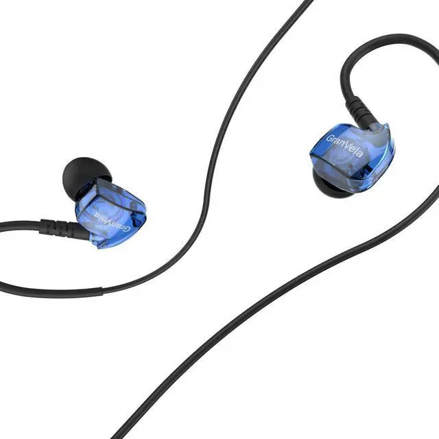 Alt view image 5 of 5 - Granvela GV1 HD Classic Sports Earphones IPX5 Waterproof Running Earbuds Wired with Mic, Memory Wire Earhook and Clip - Blue