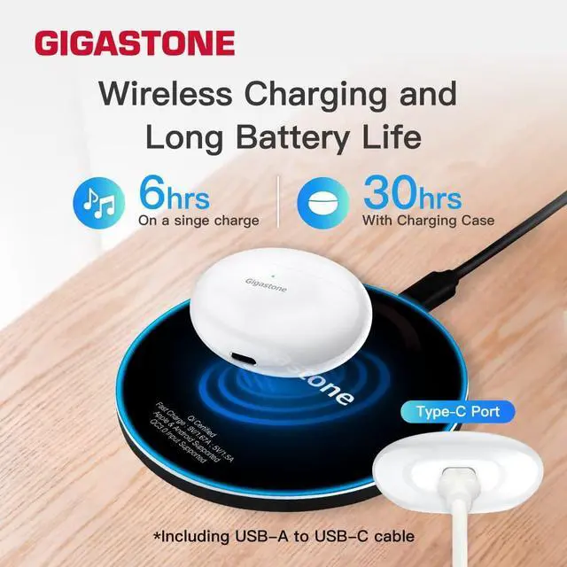 Alt view image 4 of 5 - Gigastone TWS TAQ1 True Wireless Earbuds, Bluetooth V5.1 Support Wireless Charging with Active Noise Cancellation, Environmental Noise Cancellation, Transparent Mode, White