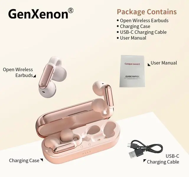 Alt view image 2 of 5 - GenXenon Clip-On Bluetooth Earbuds, Open Ear Design for Gym & Sports, Lightweight & Comfortable, Clear Voice Calls, Stable Fit, 35 Hours Playtime - Indoor/Outdoor Wireless EarbudsRosegold-3