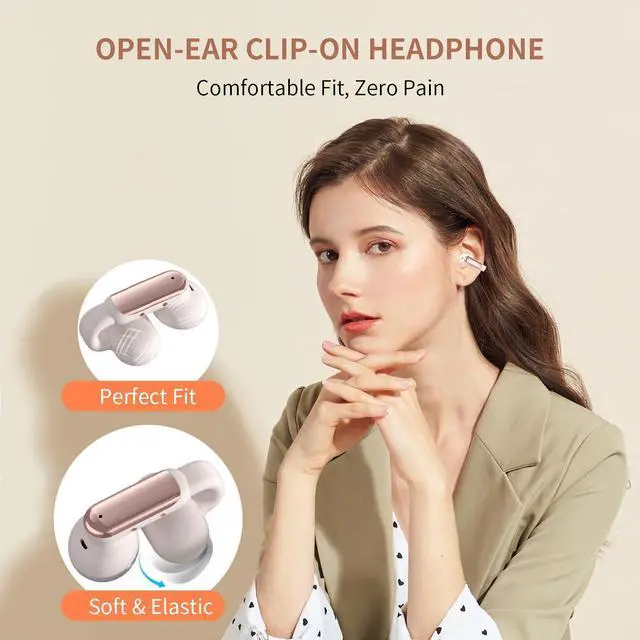 Alt view image 2 of 3 - GenXenon Clip-On Bluetooth Earbuds - Open Ear Design for Gym & Sports - Lightweight & Comfortable - Clear Voice Calls - 35 Hours Playtime - Stable Fit - Indoor/Outdoor Wireless Earbuds (Rosegold-14