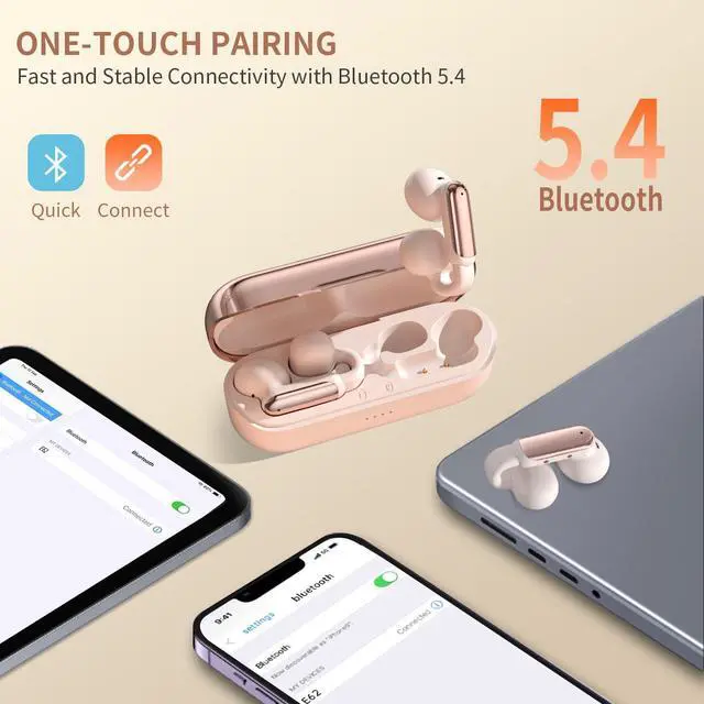 Alt view image 3 of 3 - GenXenon Clip-On Bluetooth Earbuds - Open Ear Design for Gym & Sports - Lightweight & Comfortable - Clear Voice Calls - 35 Hours Playtime - Stable Fit - Indoor/Outdoor Wireless Earbuds (Rosegold-14