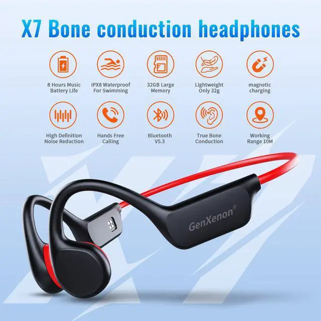 Alt view image 2 of 5 - GenXenon Wireless Bone Conduction Headphones Bluetooth 5.3 with Mic, Underwater Swimming Headphones, IPX8 Waterproof, Open Ear, Built-in 32G MP3, for Running and Workout (BlackRed-13)