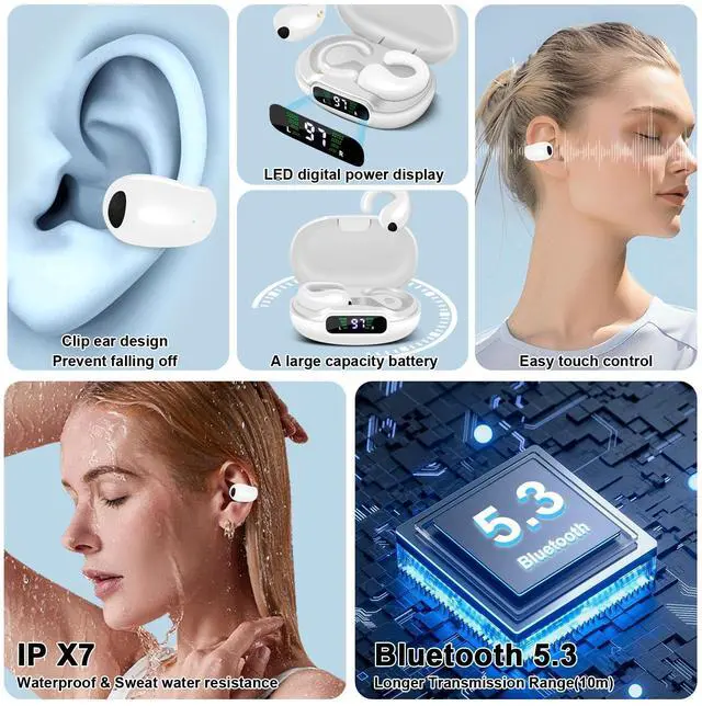 Alt view image 2 of 5 - Yubeaahn Wireless Earbuds,Bluetooth 5.3 Open Ear Headphones,Clip On Bluetooth Earbuds,Wireless Headset with Digital Display Charging Case,Earring Sports Earphones,for Running Workout Driving