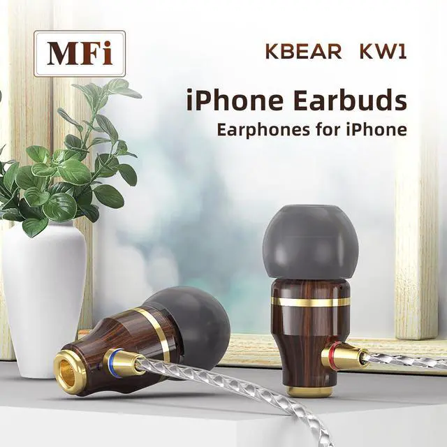 Alt view image 2 of 5 - EZ EAR KBEAR Wooden Light-ning Earbuds, A-pple Earbuds for iPhone wtih Connector, [MFi Certified] Headphones for iPhone with Microphone Controller, Compatible All A-pple Light-ning Devices, Brown