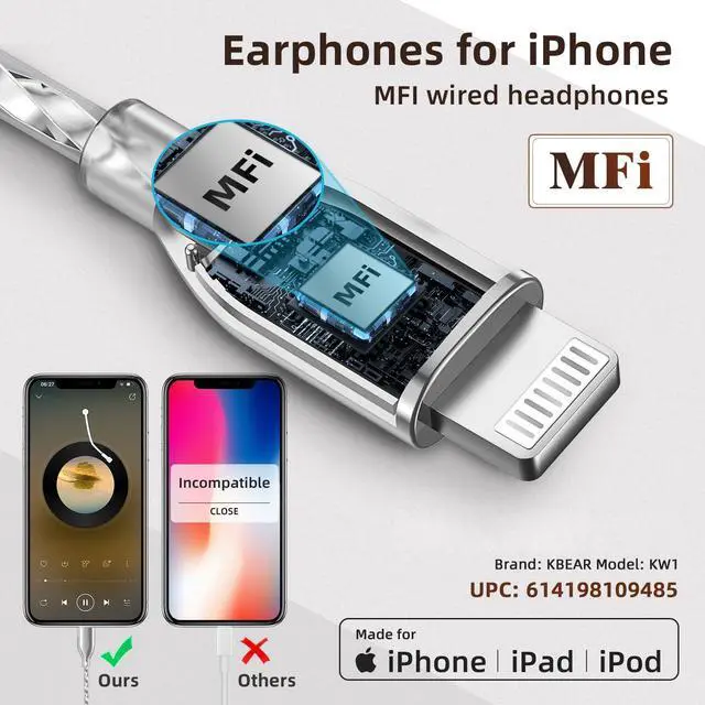 Alt view image 4 of 5 - EZ EAR KBEAR Wooden Light-ning Earbuds, A-pple Earbuds for iPhone wtih Connector, [MFi Certified] Headphones for iPhone with Microphone Controller, Compatible All A-pple Light-ning Devices, Brown