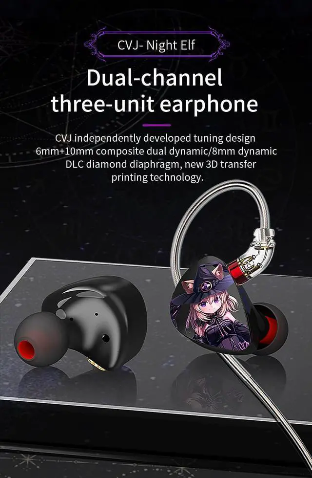 Alt view image 2 of 5 - EZ EAR CVJ Night Elf Good-Looking Dual-Channel Three -Unit in Ear Monitor Wired Earbuds with DLC Diamond Diaphragm IEM Earphones Gaming Earbuds for Musicians Singers Gamers (Black, with Mic)