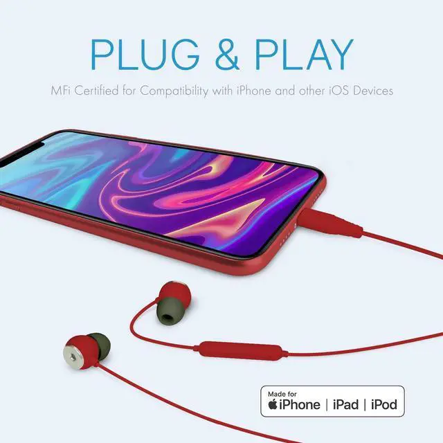 Alt view image 2 of 5 - Realm Lightning Earbuds Apple MFi Certified Headphones, in-Ear Headphones with Lightning Connector, Built-in Microphone, Hands-Free Calling and Track Controls, Red