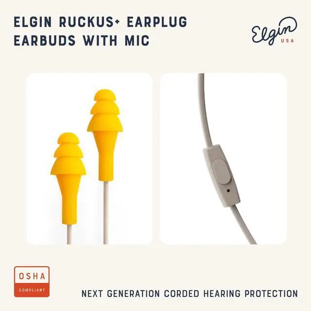 Alt view image 2 of 5 - Elgin Ruckus+ Earplug Earbuds with Mic, 25 dB Noise Reduction Wired Earbuds, Safety Ear Plugs Headphones, OSHA Compliant Hearing Protection for Work Construction Industrial, Sweatproof Headphones