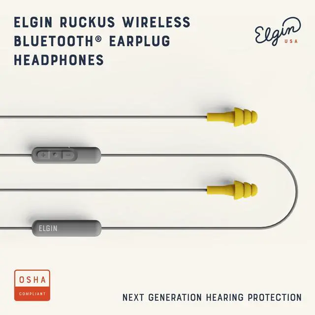 Alt view image 2 of 5 - Elgin Ruckus Wireless Bluetooth Earplug Headphones, 25 dB NRR, Noise Canceling Mic, 12-Hour Battery, IP65 Sweatproof, Compliant with OSHA Hearing Safety Standards