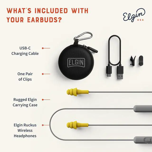 Alt view image 5 of 5 - Elgin Ruckus Wireless Bluetooth Earplug Headphones, 25 dB NRR, Noise Canceling Mic, 12-Hour Battery, IP65 Sweatproof, Compliant with OSHA Hearing Safety Standards