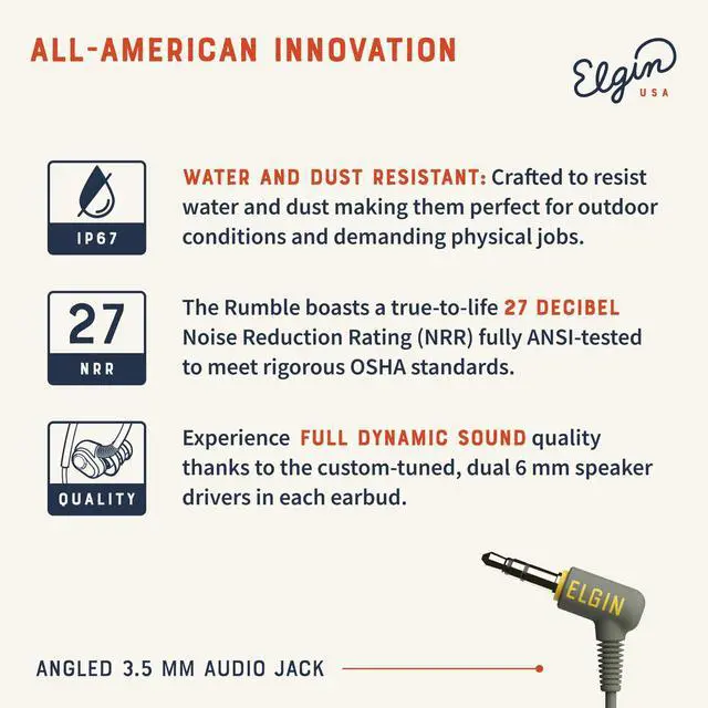 Alt view image 3 of 5 - Elgin Rumble Wired Earplug Headphones with mic, in-Ear Earbuds, 3.5mm Jack, 27 dB NRR, IP67 Waterproof, OSHA CompliantEarbuds, Noise Isolating, Hearing Protection, Work Safety