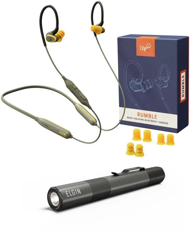 Main image of Elgin Rumble Bluetooth Earplug Earbuds & Firebolt LED Flashlight Bundle, OSHA Compliant Noise-Cancelling Wireless Headphones and 100 Lumens Pocket EDC Inspection Pen Light with Magnetic Mount