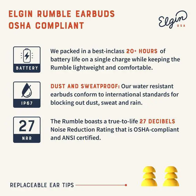 Alt view image 3 of 5 - Elgin Rumble Bluetooth Earplug Earbuds & Firebolt LED Flashlight Bundle, OSHA Compliant Noise-Cancelling Wireless Headphones and 100 Lumens Pocket EDC Inspection Pen Light with Magnetic Mount