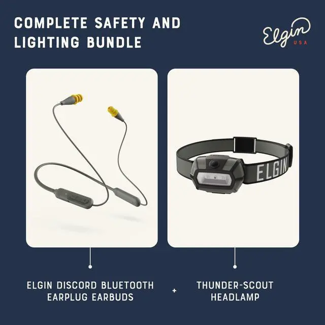 Alt view image 2 of 5 - Elgin Discord Bluetooth Earplug Earbuds & Thunder-Scout Headlamp Bundle, OSHA Compliant Noise-Isolating Wireless Headphones and 200 Lumen LED Headlight, Weatherproof for Camping and Industrial Work