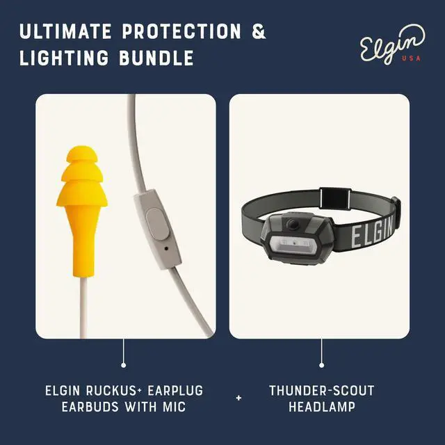 Alt view image 2 of 5 - Elgin Ruckus+ Earplug Earbuds with Mic & Thunder-Scout Headlamp Bundle, OSHA Compliant Noise Reduction Wired Earbuds and 200 Lumen LED Headlight with 4 Modes for Work, Construction, Outdoor, Camping