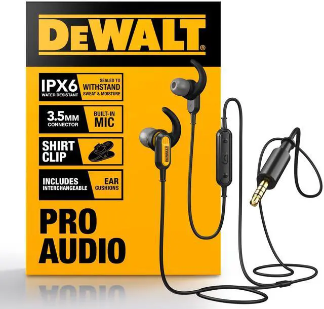 Main image of Dewalt Heavy Duty Wired Earphones with Microphone, Jobsite Earbuds Wired 3.5mm, Water-Resistant 3.5mm Earbuds with Mic, Connected Headphones for Outdoor Work