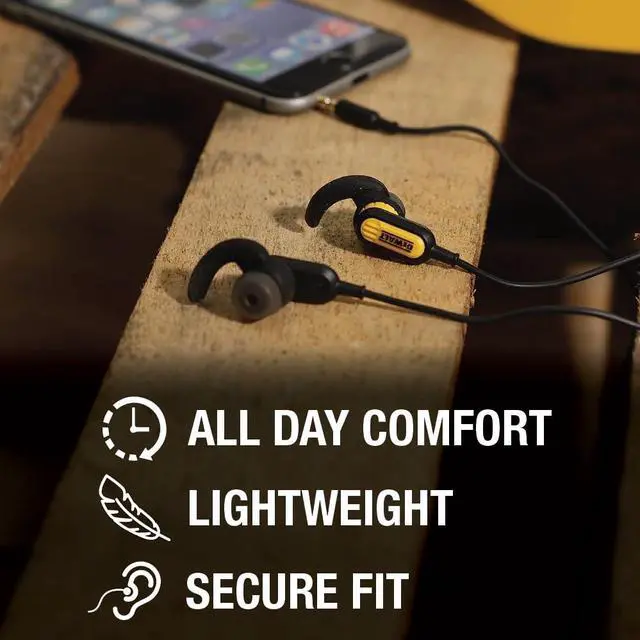 Alt view image 5 of 5 - Dewalt Heavy Duty Wired Earphones with Microphone, Jobsite Earbuds Wired 3.5mm, Water-Resistant 3.5mm Earbuds with Mic, Connected Headphones for Outdoor Work