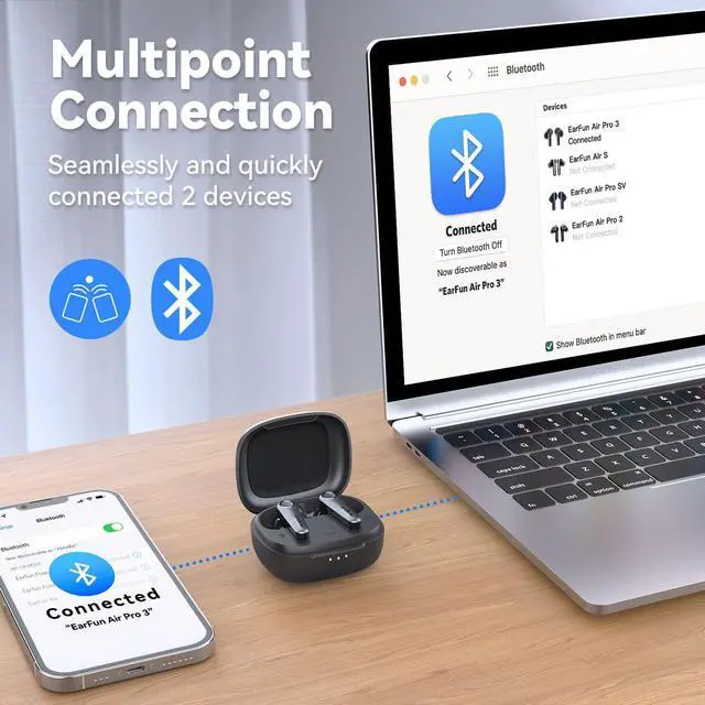 Alt view image 5 of 5 - EarFun Air Pro 3 Noise Cancelling Earbuds, Qualcomm® aptX Adaptive Sound, 6 Mics CVC 8.0 ENC, Bluetooth 5.3 Earbuds, Multipoint Connection, 45H Playtime, App Customize EQ, Wireless Charging