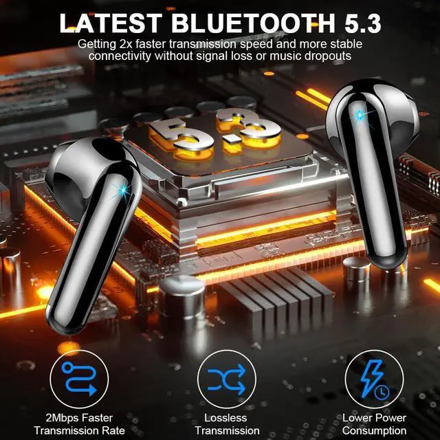 Alt view image 3 of 5 - Wireless Earbuds, Bluetooth 5.3 Headphones Bass Stereo, 50H Playback Ear Buds ENC Noise Cancelling Mics, in Ear Earphones with mini Case, IP7 Waterproof Wireless Headphones USB-C Charging, LED Display