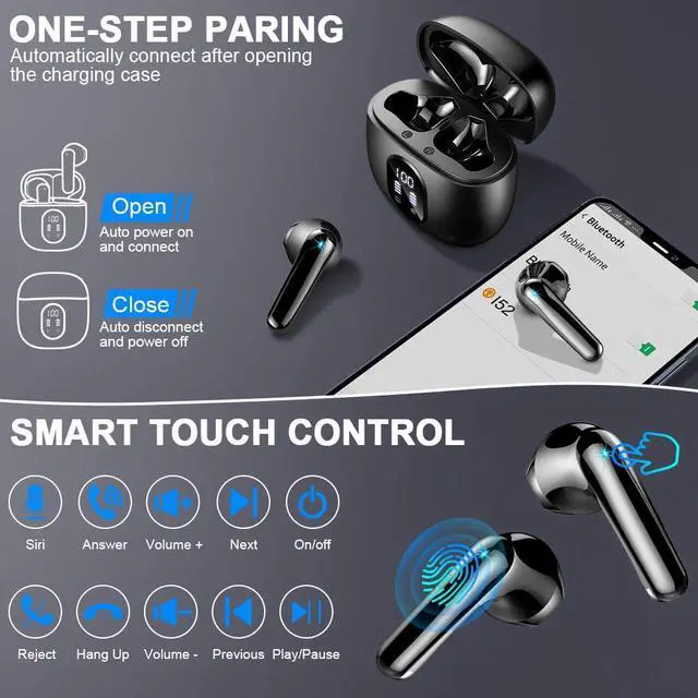 Alt view image 5 of 5 - Wireless Earbuds, Bluetooth 5.3 Headphones Bass Stereo, 50H Playback Ear Buds ENC Noise Cancelling Mics, in Ear Earphones with mini Case, IP7 Waterproof Wireless Headphones USB-C Charging, LED Display