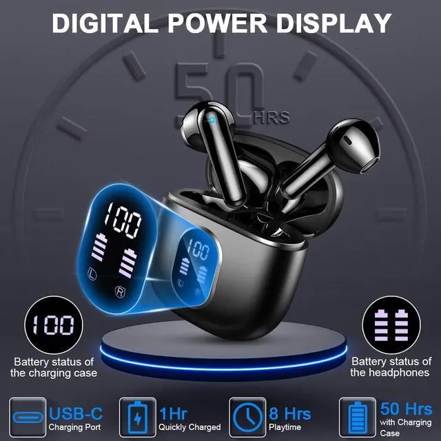 Alt view image 4 of 5 - Wireless Earbuds, Bluetooth 5.3 Headphones Bass Stereo, 50H Playback Ear Buds ENC Noise Cancelling Mics, in Ear Earphones with mini Case, IP7 Waterproof Wireless Headphones USB-C Charging, LED Display