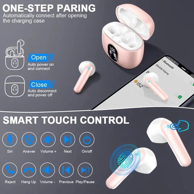Alt view image 5 of 5 - Wireless Earbuds, Bluetooth 5.4 Headphones 50H Playback Bass Stereo Ear Buds with 4 ENC Cancelling Mics, Bluetooth Earbuds Dual LED Display IP7 Waterproof in-Ear Earphones USB-C for Android iOS Pink