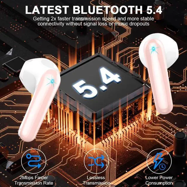 Alt view image 4 of 5 - Wireless Earbuds, Bluetooth 5.4 Headphones 50H Playback Bass Stereo Ear Buds with 4 ENC Cancelling Mics, Bluetooth Earbuds Dual LED Display IP7 Waterproof in-Ear Earphones USB-C for Android iOS Pink