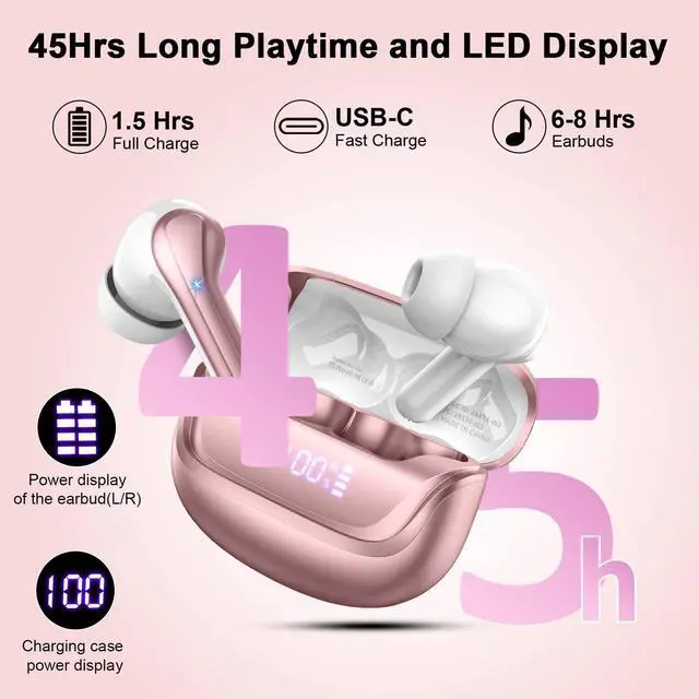 Alt view image 5 of 5 - Wireless Earbuds, Bluetooth 5.4 Headphones Deep Bass Stereo, in-Ear Earphones with 4 ENC Mics, 45H Playtime LED Display Mini Charging Case Ear Buds, IP7 Waterproof Wireless Headphones for Android iOS