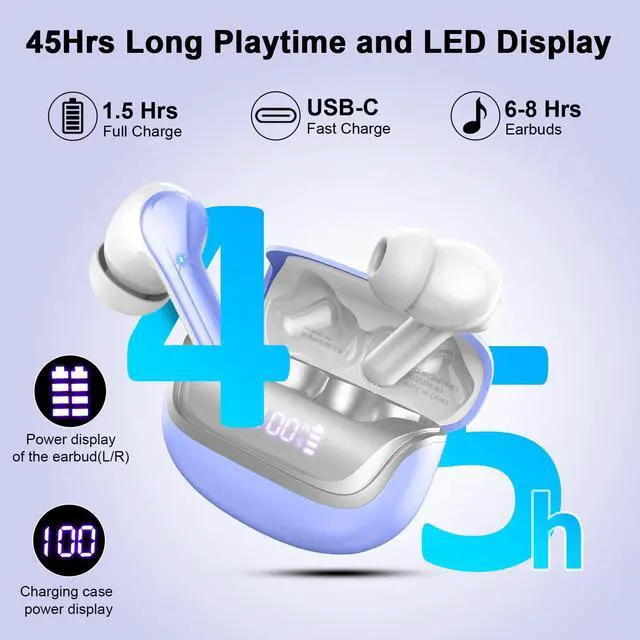 Alt view image 4 of 4 - Wireless Earbuds, Bluetooth 5.4 Headphones Deep Bass Stereo, in-Ear Earphones with 4 ENC Mics, 45H Playtime LED Display Mini Charging Case Ear Buds, IP7 Waterproof Wireless Headphones for Android iOS