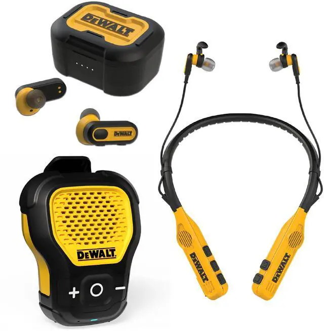 Main image of DEWALT Ultimate Jobsite Audio Bundle  Wireless Earbuds, Clip-On Speaker, & Neckband Earphones