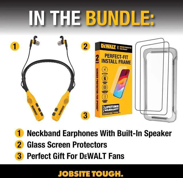 Alt view image 2 of 5 - DEWALT 2-in-1 Neckband Bluetooth Headphones w/Built-in Speakers Glass Screen Protector for iPhone 13/13 Pro/14
