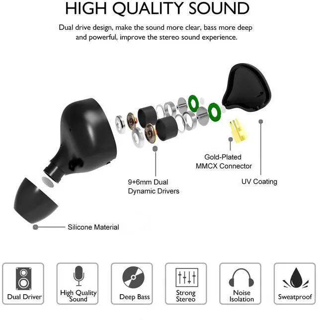 Alt view image 5 of 5 - DCMEKA in Ear Monitor Headphones, HiFi Stereo IEM Earphones, Dynamic Dual Driver Wired Earbuds with Detachable Cable, Noise Canceling Headset for Singers Musicians Drummers Audiophile (Black)