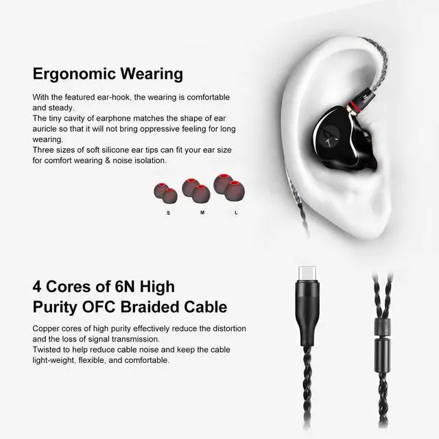 Alt view image 4 of 5 - DCMEKA Dynamic Banlance in-Ear Earphone 2DD HiFi Headset in Ear Monitors Headphones Wired Earbuds IEM Earphones Gaming EarbudsBlack Type-C Without mic