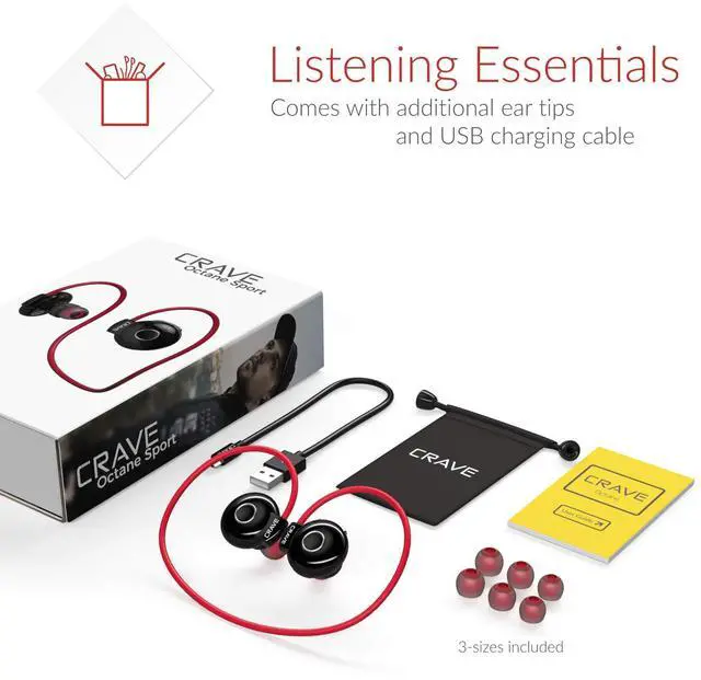Alt view image 5 of 5 - Crave Octane Sport Wireless Bluetooth Earphones, in-Ear Sweat and Water Resistant Stereo Lightweight Headphones Earbuds Premium Sports Headset with Built-in Mic  Red
