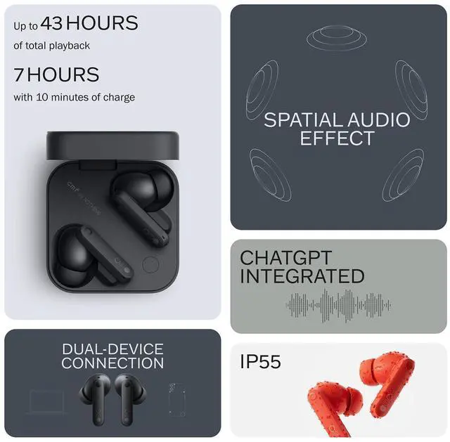 Alt view image 3 of 5 - CMF Buds Pro 2 Wireless Earbuds, Hi-Res Audio with LDAC, 50 dB Hybrid Noise Cancelling Earbuds, Ultra Bass Technology, Bluetooth 5.3, 43H Play Time with Charging Case, 6 HD Mics Headphones, Dark Grey