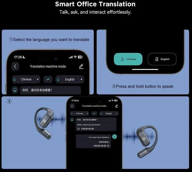 Alt view image 5 of 5 - AI Language Translation Earbuds Real Time, 3-in-1 AI Translator Earbuds,5.4 Bluetooth Headphones,40 Languages Translation with Al Semantic Tech (Blue)