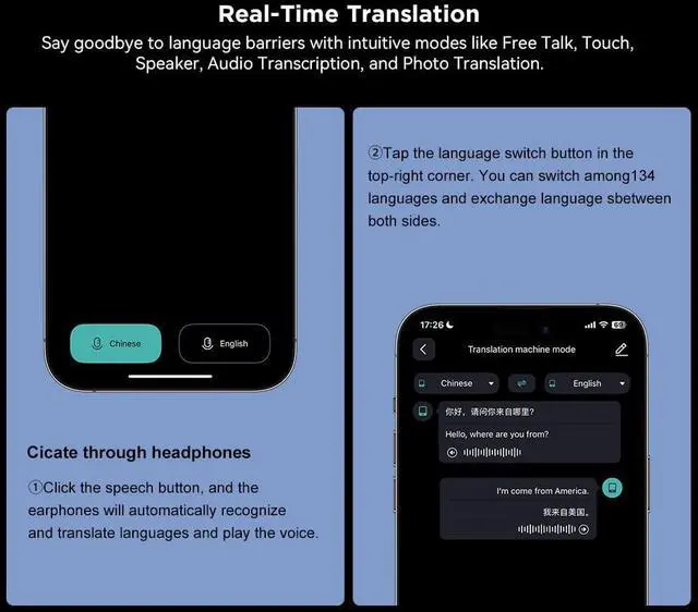 Alt view image 4 of 5 - AI Language Translation Earbuds Real Time, 3-in-1 AI Translator Earbuds,5.4 Bluetooth Headphones,40 Languages Translation with Al Semantic Tech (Blue)