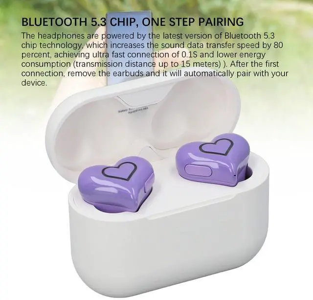 Alt view image 4 of 5 - Bewinner Heart Shaped Cordless Earbud, Bluetooth 5.3 HiFi Stereo Earphones, Noise Canceling Headphones with Charging Case for Gym Office School