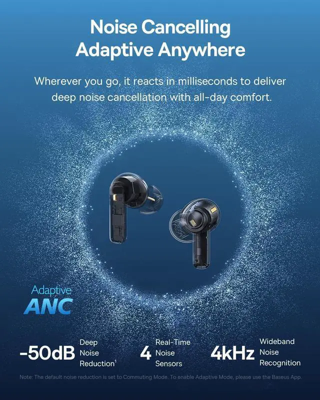 Alt view image 2 of 5 - Baseus Bass BP1 Pro Noise Cancelling Wireless Earbuds, Real-Time Adaptive Noise Cancelling, Adaptive Active EQ, LDAC Hi-Res Sound, 6-Mic AI Clear Calls, 55H Playtime, IP55 Waterproof, Bluetooth 6.0