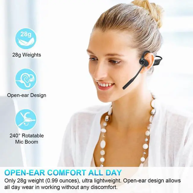 Alt view image 2 of 5 - BANIGIPA Bluetooth 5.4 Headset with Microphone, Open Ear Headphones w/Mic, Wireless Earphones Noise Cancelling for HD Calling, Mute Button, Light & Comfortable Headset for Working Office Meeting